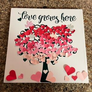 handmade love grows here canvas art heart leaves tree pink and teal